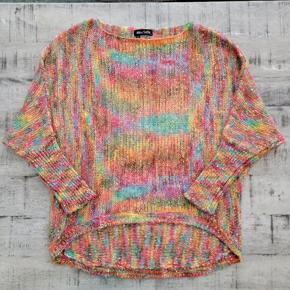 Miss Sasa Rainbow Sequin and Yarn Sweater with Cinched Sleeves - Picture 2 of 16